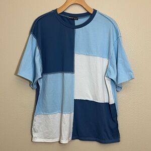 Shein Blue White Patchwork Colorblock Short Sleeve T-Shirt